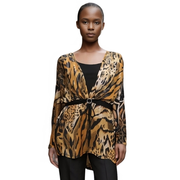 Animal Print Blouse Metallic Rhinestone Accent - Picture 1 of 13